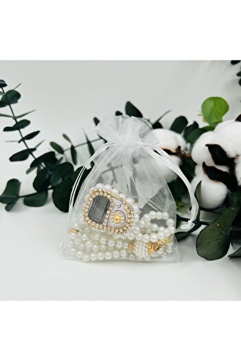 lenagiftworkshop 10 Gift Tulle Bags with Pearl Prayer Beads and Stone Zikirmatik (Mevlid-Hajj-Umrah-Circumcision)