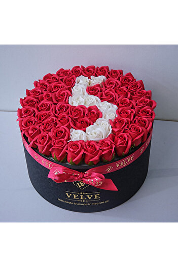 velve Eternal Floral Arrangement personalized with the number 5, in a round black box with 55 soap roses