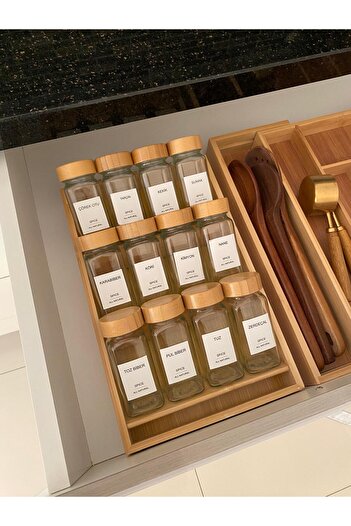 LEONEV 12-Piece Glass Spice Rack with Bamboo Stand Inside the Drawer