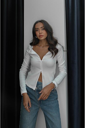 Havoş Ecru Double Zipper Long Sleeve Blouse
