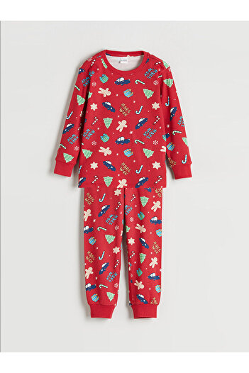 LC Waikiki Bisiklet Yaka Yılbaşı Temalı Erkek Çocuk Pijama Takımı (W5)