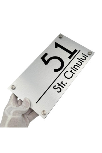 Adresa VIP PREMIUM HOUSE NUMBER - Glossy Black Brushed Aluminum 4 Silver Spacers - 28x15cm