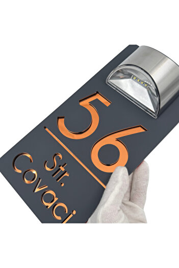 Adresa VIP PREMIUM HOUSE NUMBER - Satin Grey Copper Mirror Solar Lamp - 30x15cm