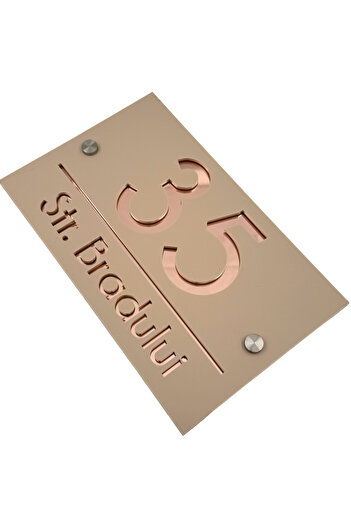 Adresa VIP PREMIUM HOUSE NUMBER - Satin Cream Rose Gold Mirror 2 Silver Spacers - 24x15cm