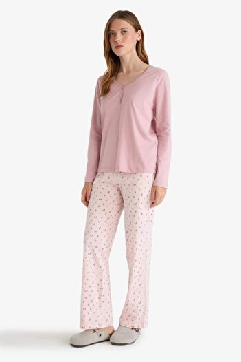 DeFacto Pajama Set Regular Fit Long Sleeve Top Patterned Long Bottom-Fall in Love (25 Au)