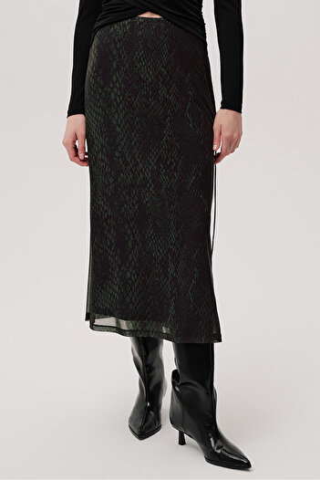 Exquise Snake Patterned Slim Fit Tulle Midi Green Skirt