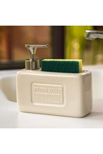 SHOPIENS Ceramic Sponge Holder with Sink Dispenser, Beige, 17 x 6.5 x 16.5 cm
