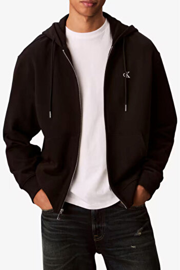 Calvin Klein Erkek Fermuarlı Kapüşonlu Pamuklu Sweatshirt - Siyah