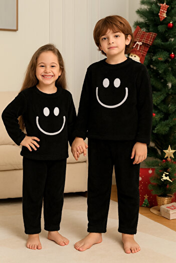 AHENGİM Girl - Boy Child Winter Plush Set with Smiling Face Embroidery Ak4006