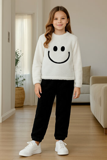 AHENGİM Girl - Boy Child Winter Plush Set with Smiling Face Embroidery Ak4006