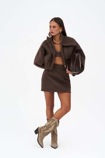 MAİ COLLECTİON Tenby Dark Brown Crop Jacket-Skirt Set