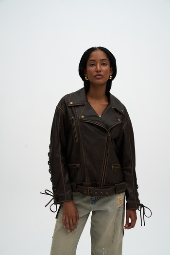MAİ COLLECTİON Pokcet Brown Rope Detail Faux Leather Jacket