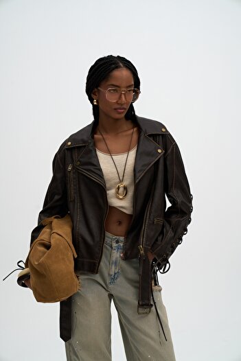 MAİ COLLECTİON Pokcet Brown Rope Detail Faux Leather Jacket