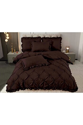OEM Double Bed Sheet Set with Ruffles, Finet, 4 Pieces, Dark Brown