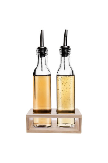 Vilde Set of glass bottles for vinegar/oil with wooden support