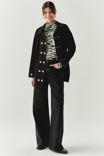 Exquise Gold Button Detailed Regular Black Denim Garnished Knitwear Cardigan