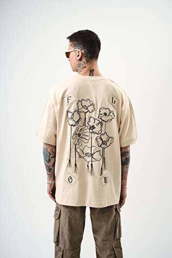 Respire Men's Flow Embroidered Oversize T-Shirt Beige