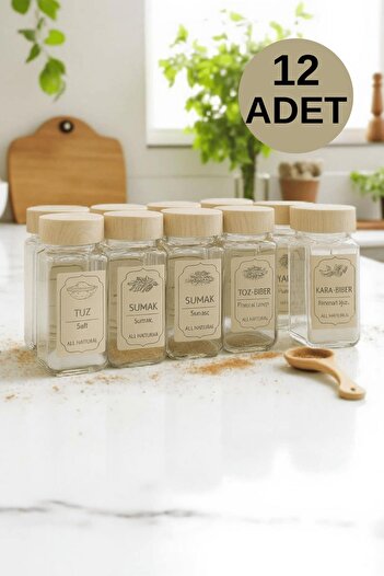 İLİVA 12-Piece Glass Spice Jar Set-Square Shape Jars-Functional Lids-With Label Gift-For Kitchen Organization