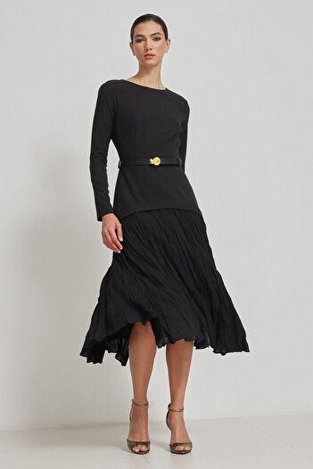 Setre Black Long Sleeve Midi Dress with Asymmetrical Detail on the Waist Belt and Skirt