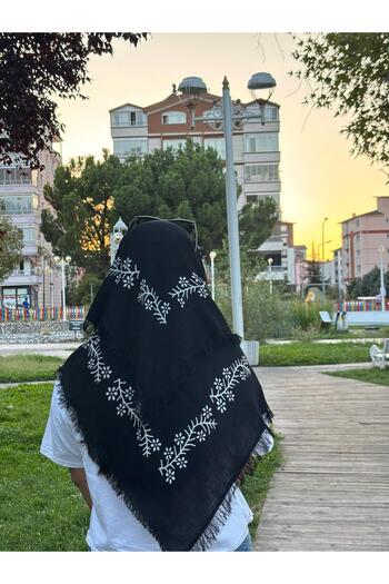 Sobe Hediyelik Black Printed Cotton Scarf for Writing – Casual and Dowry Writing Headscarf