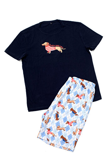 Siyah İnci Navy Blue Patterned Cotton Knitted Shorts-Pajama Set7921