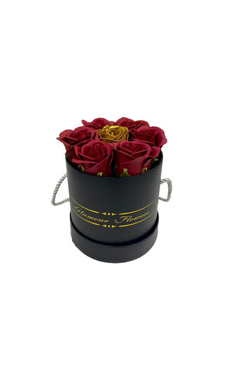 velve Glamour Flower floral arrangement, black round box with 7 soap roses, dark purple