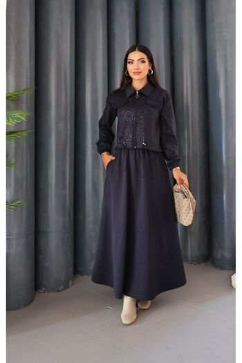 QUAWEAR Printed Shirt Collar Gathered Waist Jacket and Side Pockets Elastic Waist Skirt Knitted Fabric Two-Piece Set