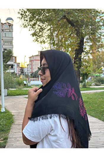 Sobe Hediyelik Black Printed Tassel Cotton Scarf for Writing – Casual and Dowry Writing Headscarf
