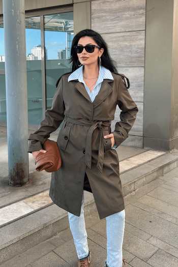 giyimmasalı Bondit Fabric Design Trench Coat - Khaki Green
