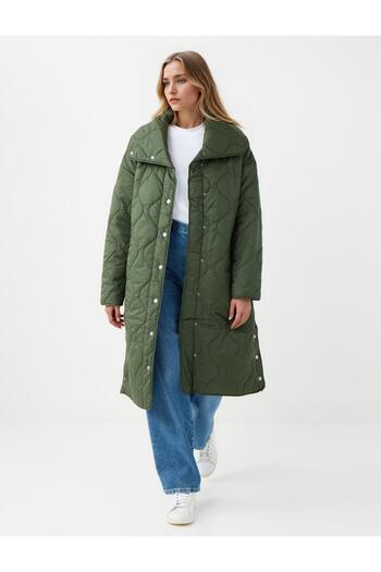 Jimmy Key Khaki Quilted Patterned Long Puff Coat with Snap Detail