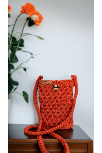 By G Tasarım Cinnamon Color Wool Thread Knitted Phone Bag / Mini Bag