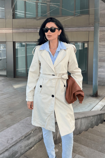 giyimmasalı Bondit Fabric Design Trench Coat - Beige