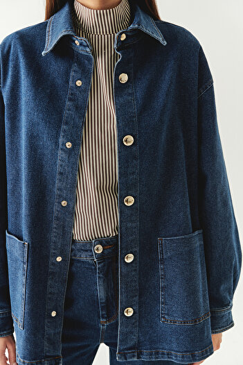 Exquise Metal Düğme Detaylı Regular Cepli Denim İndigo Ceket