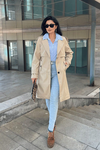 giyimmasalı Bondit Fabric Design Trench Coat - Cream