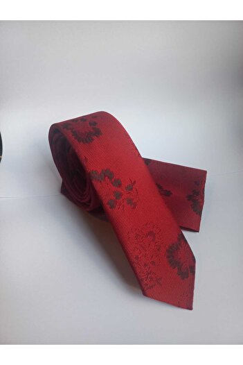 Kravatistan Red Patterned Thin Tie and Handkerchief Set