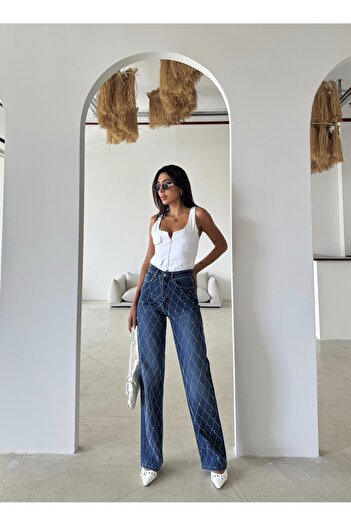 Swet Shop Jeans Kadın Mavi Renk Taş Detaylı Geniş Paça Palazzo Pantolon