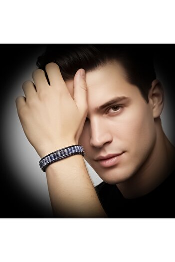 FM Genuine Leather, Lapis Natural Stone and 316L Titanium Steel Men's Bracelet 31832B22D10