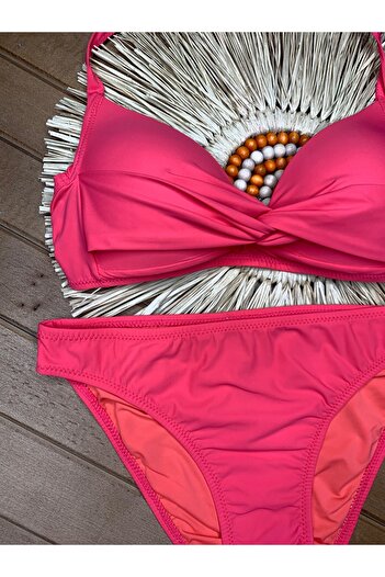 VAJESTO Kadın Pembe Likralı Esnek Boyundan Bağlama İpli Şık Kaliteli Hafif Dolgulu Bikini Takım