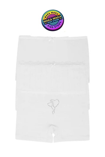 ww waka waka kids store Girl's 3-Piece White Boxer Set – Comfortable Underwear with Lace and Stone Detailing