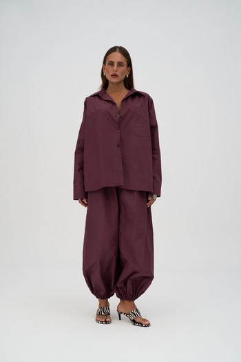 MAİ COLLECTİON Velora Burgundy Poplin Shalwar Trousers