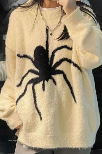 Karakedi Ecru Spider Thick Oversize Unisex Sweater