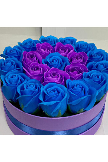 velve Aranjament floral Special Eternity in cutie rotunda cu 21 trandafiri sapun, Bleu-mov