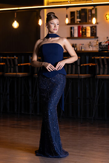 Abiyefon Lacivert Straplez Peplum Detay Taşlı Uzun Balık Abiye ABU5131