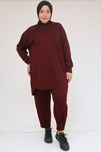 Eslina 47093 Plus Size Skirt Modal Suit with Piece Detail Pants - Burgundy