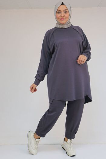 Eslina 47093 Plus Size Skirt Modal Suit with Piece Detail Pants - Anthracite