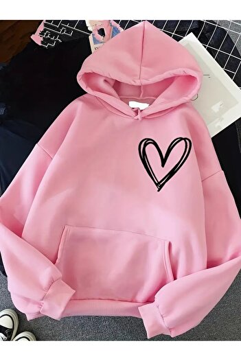 CLASİVA Hooded Sweatshirt 3-Thread Comfortable Stylish Design Oversized with Heart Image Unisex Women Men New Season