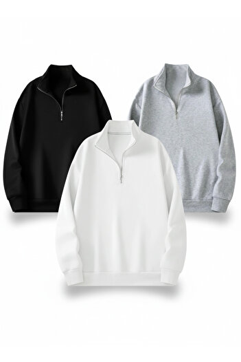 AFROGİYİM Unisex 3-Pack Stand Collar Zippered 2-String Sweatshirt