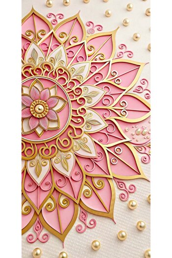 Dialands Mozaik Pembe Altın Mandala Zerafet Çiçeği 42x84cm T0011 Dialands Elmas Mozaik Tablo