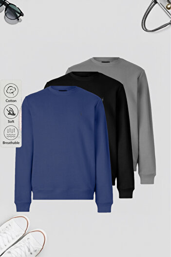 COMBİNE MİCHAİL Men's Basic Crew Neck Loose 3-Piece Sweatshirt