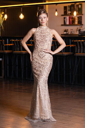 Abiyefon Gold Halter Yaka Boncuklu Uzun Balık Abiye ABU4791